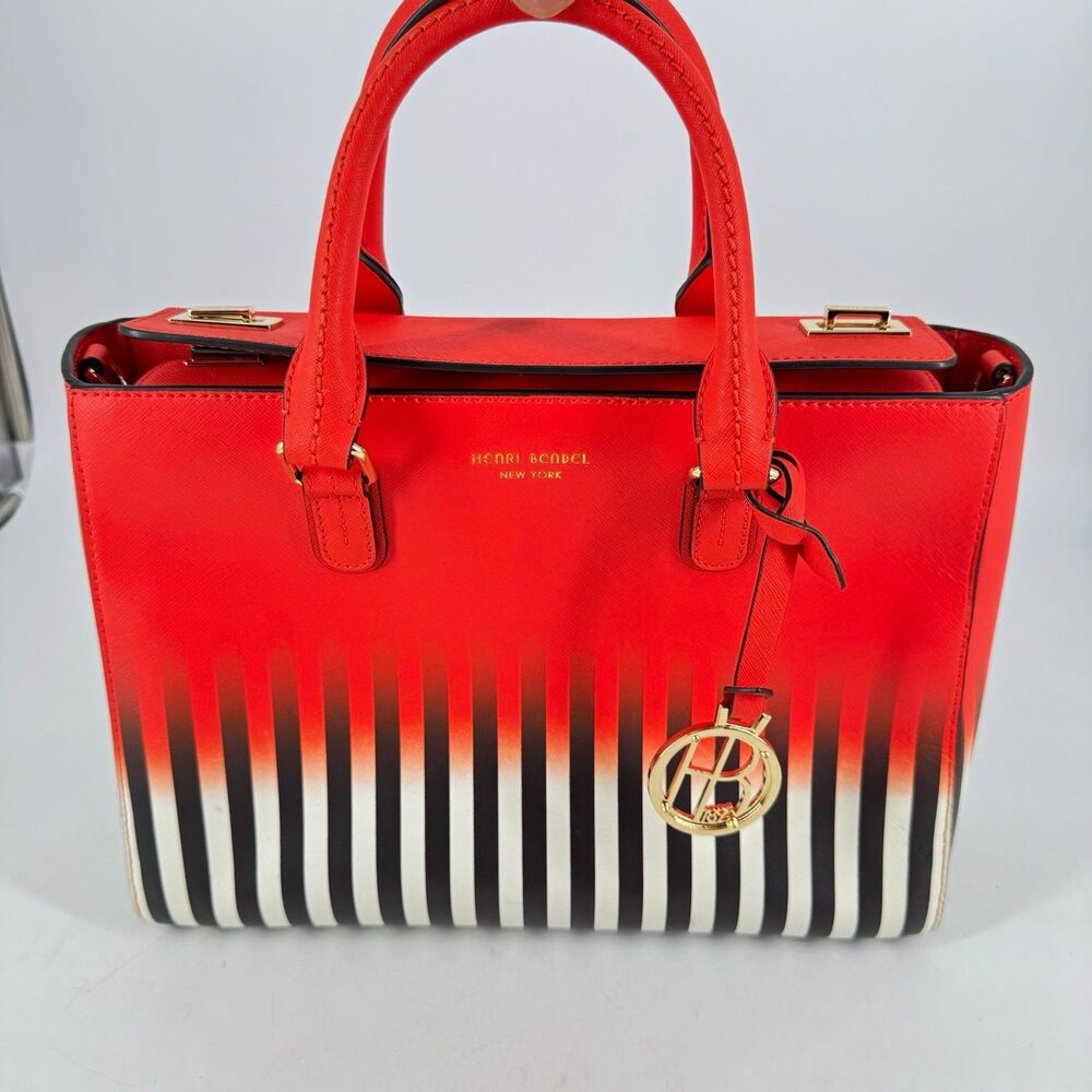 Henri Bendel West 57th Turnlock Satchel Orange Ombre Stripe Saffiano Leather Bag